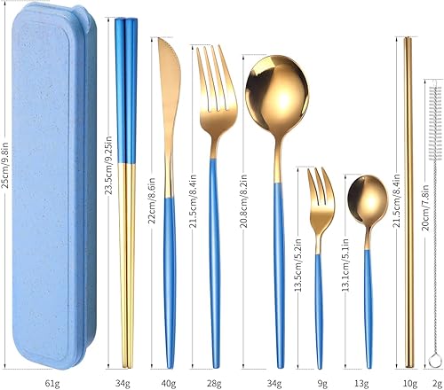 Miniatura 9 de AARAINBOW Juego de cubiertos de acero inoxidable de 8 piezas, portátil, reutilizable, juego de utensilios de viaje, incluye palillos, cuchillo,