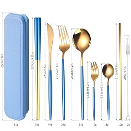 AARAINBOW 8 Pieces Stainless Steel Flatware Set Portable Reusable Cutlery Set Travel Utensils Set Including Chopsticks Knife Fork Spoon Straws Cleaning Brush Dishwasher Safe (Blue Golden)