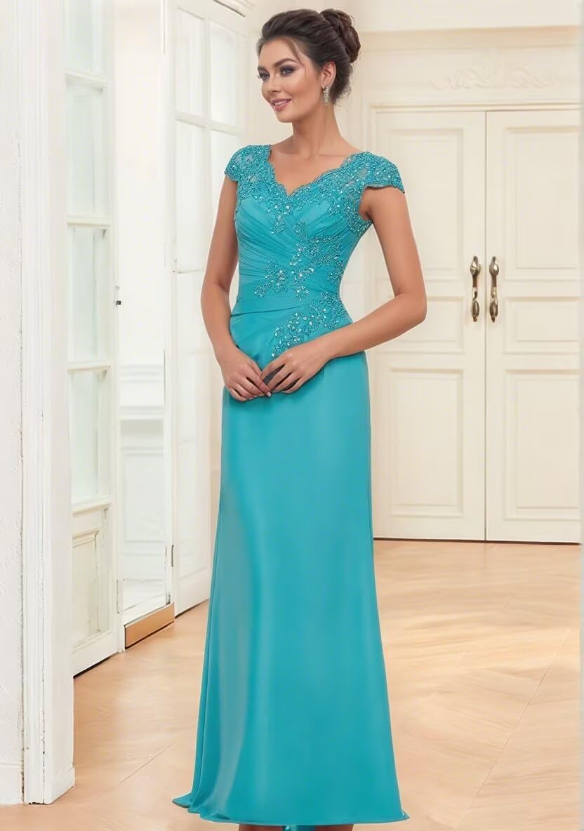 Mother of The Bride Dress Chiffon Lace Applique Mermaid Formal Wedding Guest Dress with Cap Sleeve