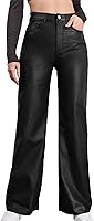 LoverPremium Women's Black Faux Leather High Waist Straight Leg Pants with Pockets - Stretchy PU Leggings