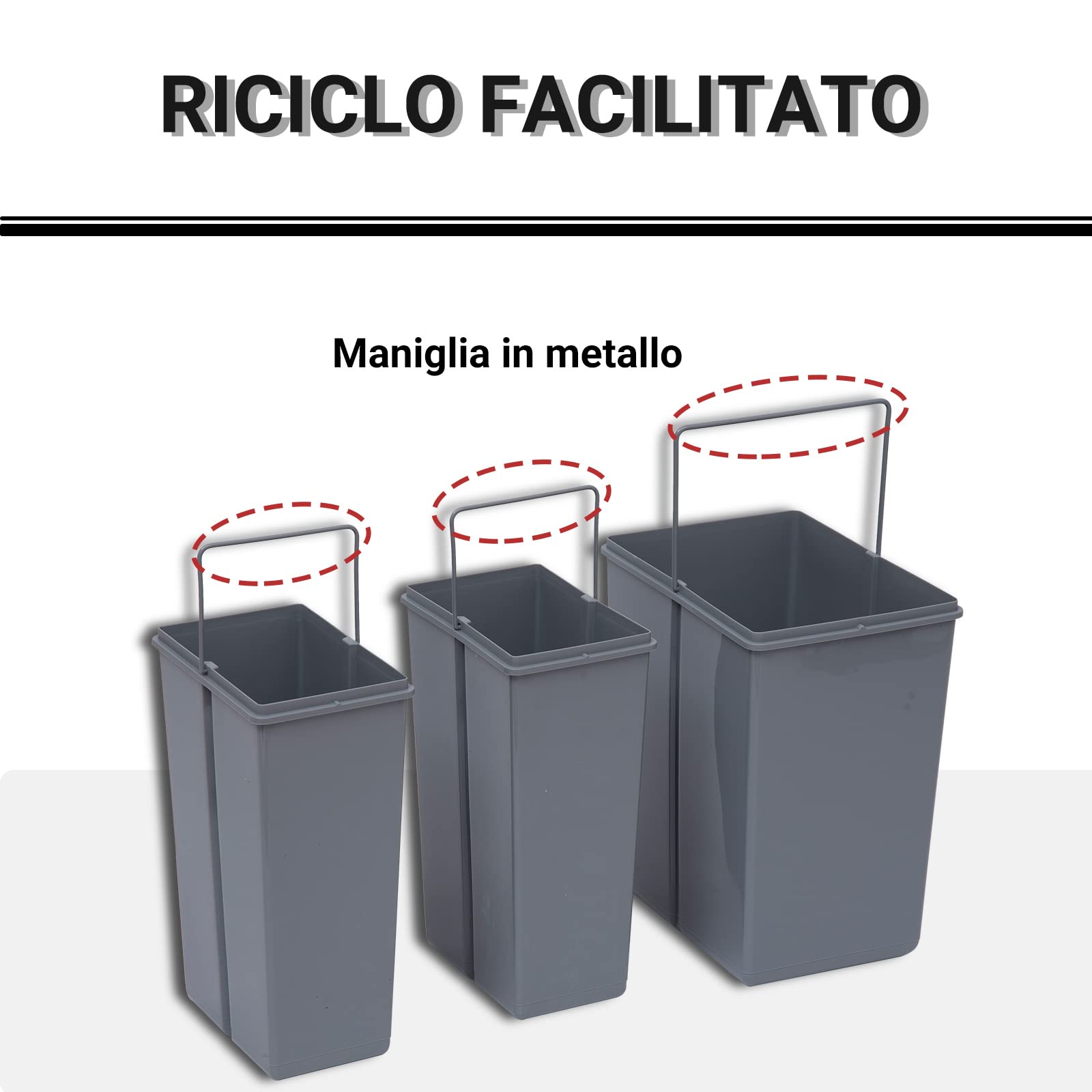 HOMCOM Pattumiera Estraibile da 40L con 3 Contenitori per Raccolta Differenziata, Cestino Spazzatura in Acciaio, ABS e PP, 48x34.2x41.8 cm, Grigio