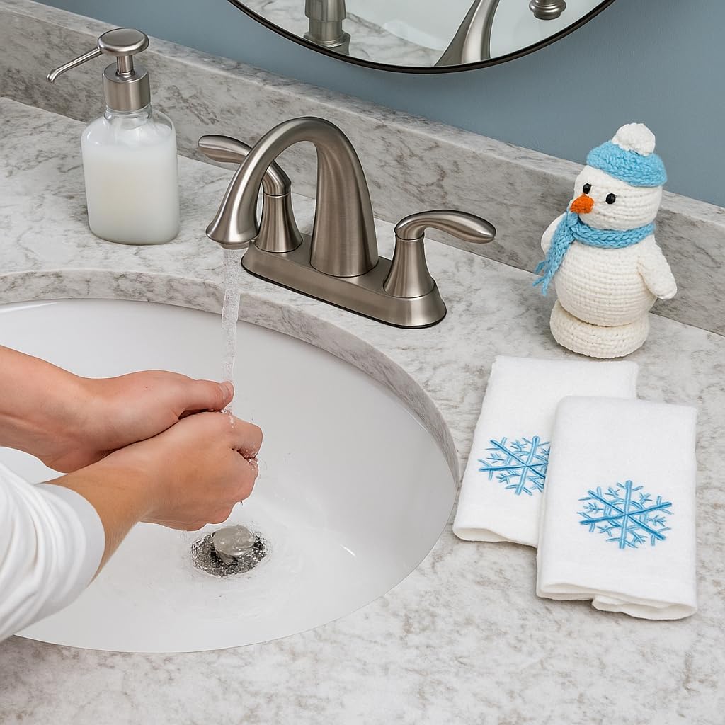 Serafina Home Winter Snowflake Bathroom Fingertip Towel -Christmas Hannukah Holiday Bath and Kitchen Decor - Set of 2, 100% Cotton Blue Embroidered Snowflakes- 12" x 18"