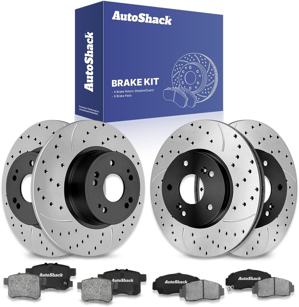 AutoShack Front Vented & Rear Solid Drilled & Slotted E-Coated Brake Rotors + Ceramic Pads 12-PC Brake Kit Replacement for 2008-2009 Honda Accord ShadowGuard