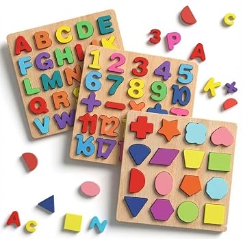 Wooden Puzzles for Toddler | 3 in 1 Educational Board Game ABCD Alphabets, Numbers & Shapes Puzzles | Toddler Learning Puzzle Toys for Kids 1-3 Years Old | Early Education Gift for Kids