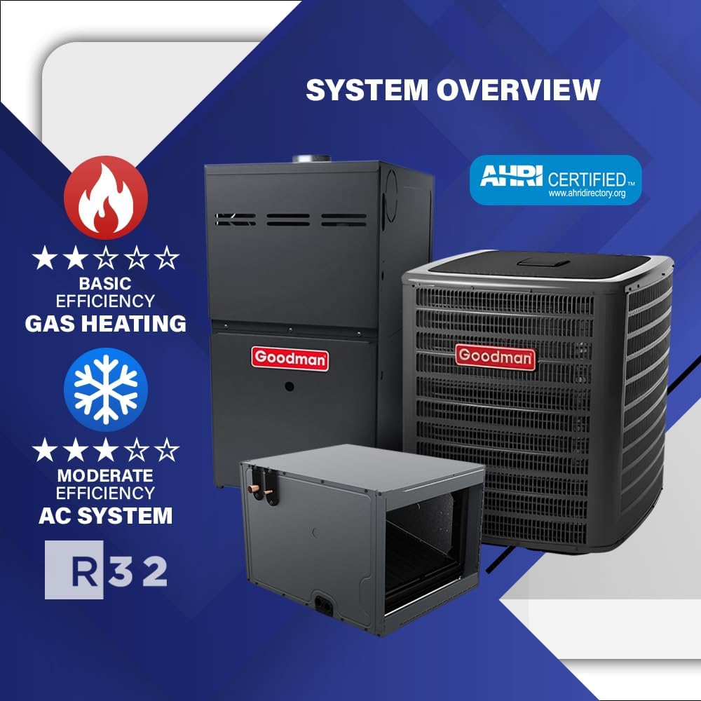 Goodman 4 Ton 14.5 SEER2 Central Split AC Unit | 80% 100000 BTU Natural Gas Furnace, Evaporator Cased Coil, & Single Stage Air Conditioner System - R32 Horizontal