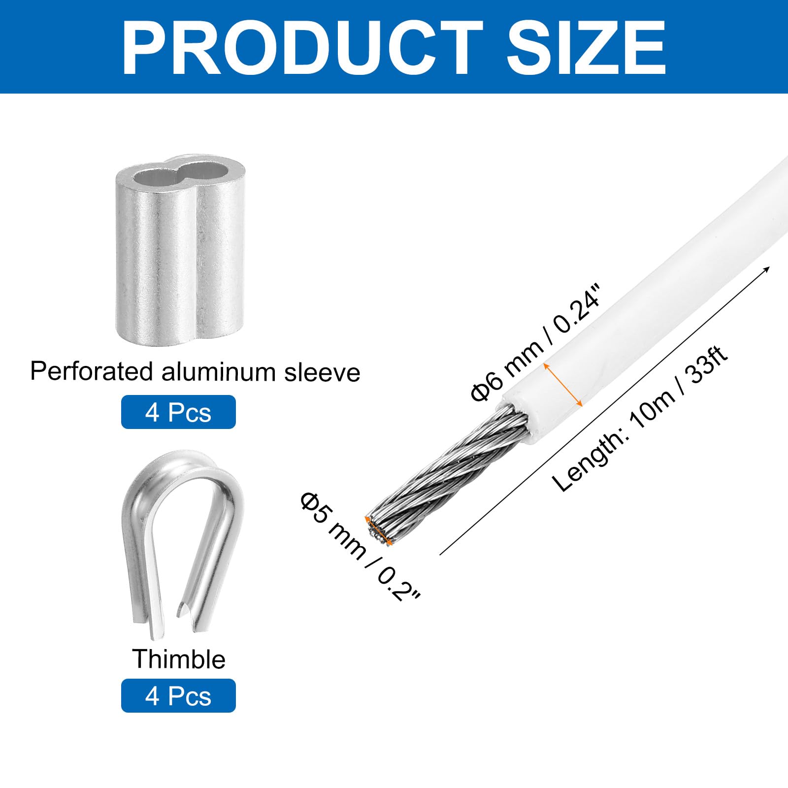 QUARKZMAN Cable De Acero Inoxidable 304 De 10m Con Recubrimiento De Vinilo De 6mm (1/4") Con 4 Manguitos De Aluminio Y Ojal Para Barandales, Cubiertas, Colgado, Líneas De Ropa, Blanco