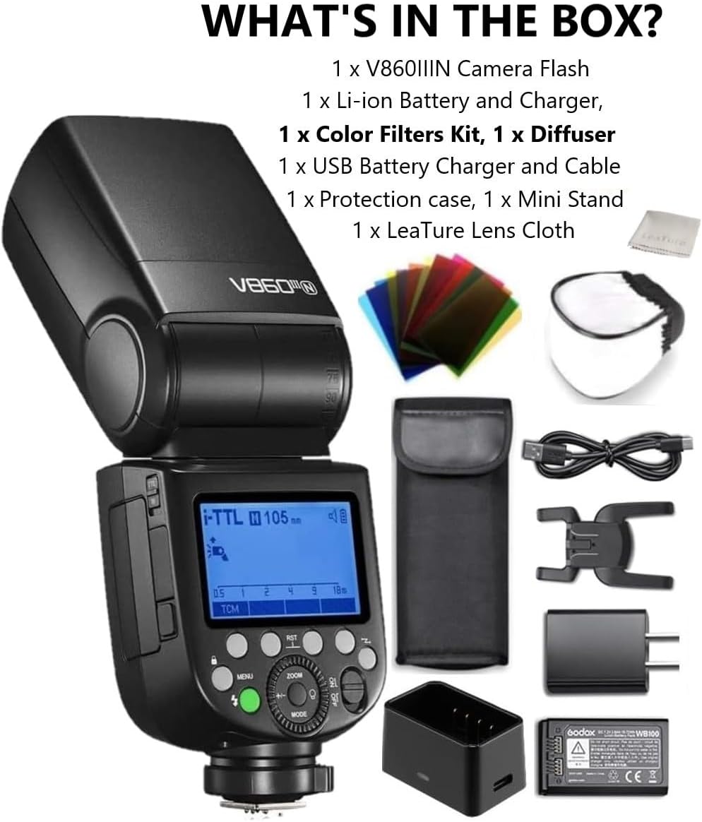 Godox V860III-N for Nikon Camera Flash Speedlight Speedlite Light, 76Ws 2.4G TTL HSS 1/8000s, 2600mAh Battery,480 Full-Power Flashes,0.01-1.5s Recycle Time,10 Levels LED Modeling Lamp Light for Nikon