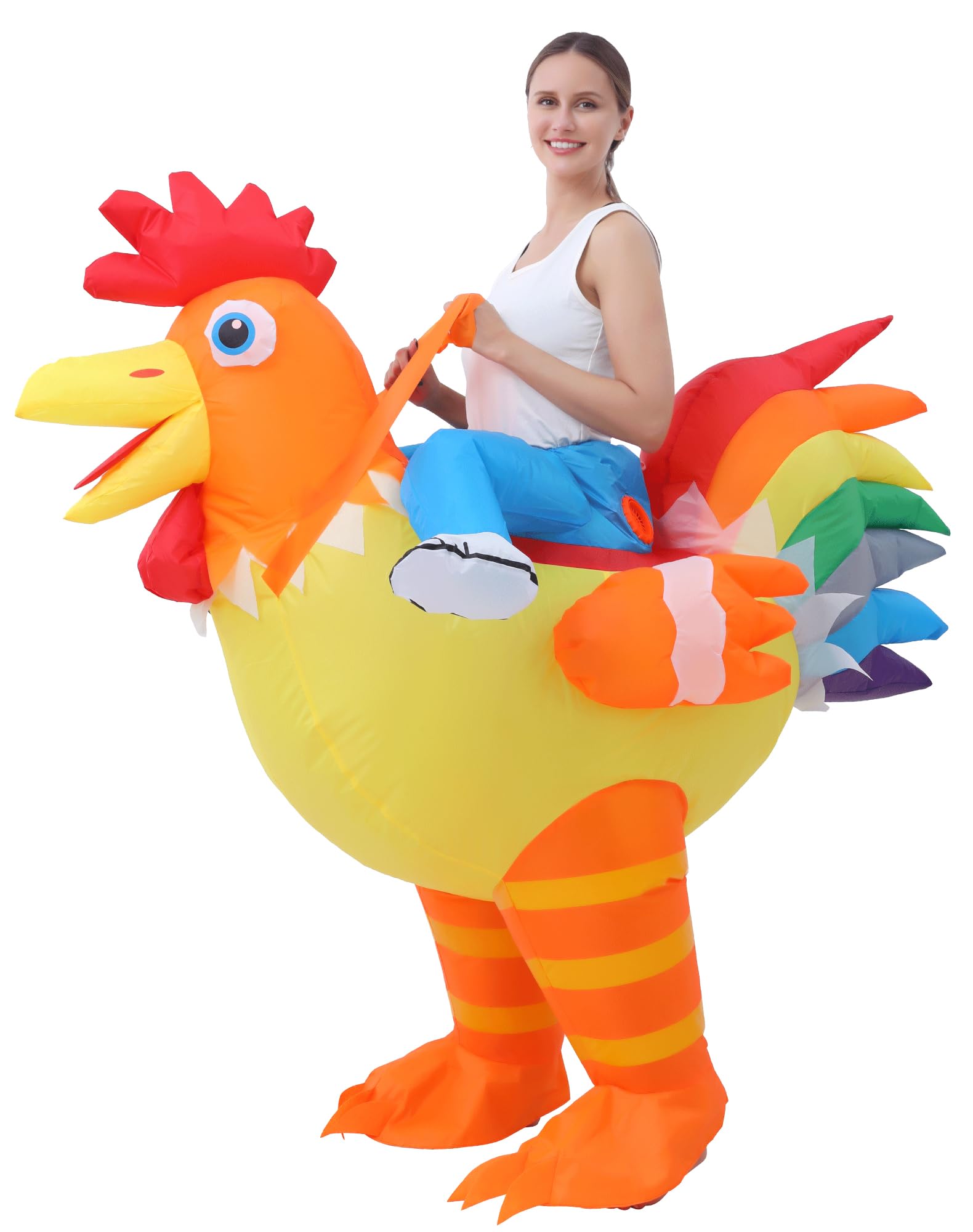Inflatable Costume Adult, Chicken Costume, Funny Ride On Rooster Suit for Men and Women, Blow up Costumes for Halloween, Carnival, Mardi Gras, Cosplay and Themed Parties, One Size 150–190 cm
