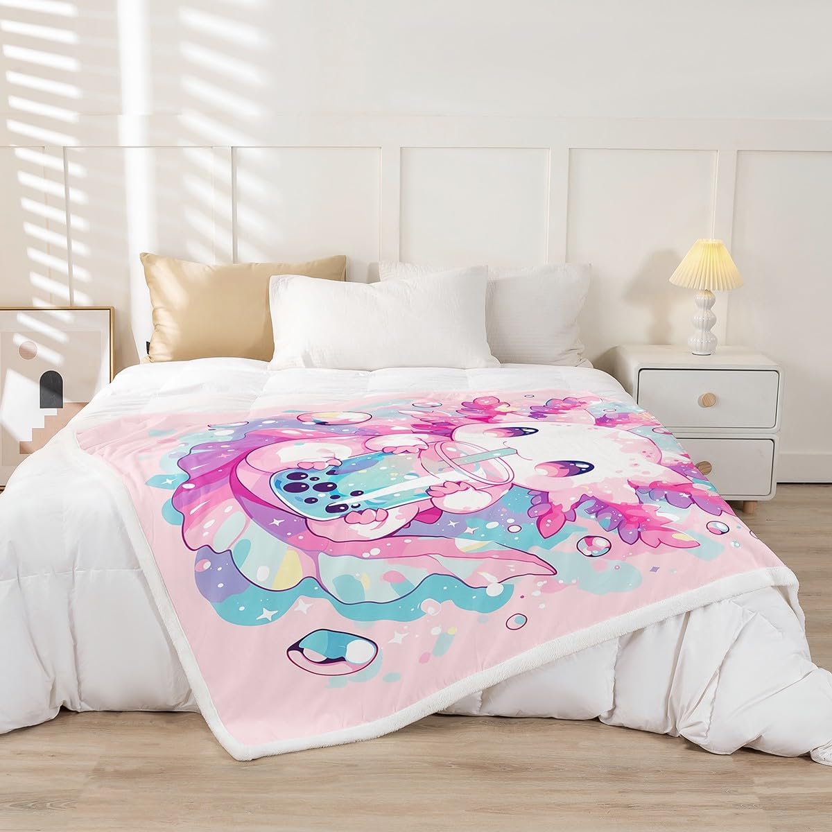 Axolotl Fleece Blanket Cute Salamander Pattern Kawaii Sherpa Blanket Twin 60"X80" Sweet Dessert Milk Tea Throw Blanket Ocean Beach Coastal Flannel Blanket For Kids Girls Decorative Sofa Couch,Pink