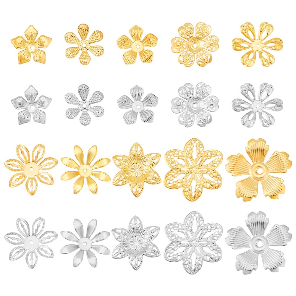 PH PandaHall 200pz 10 Stili Cappucci per Perline Floreali, 16~34mm Perline Distanziatrici a Forma di Fiore Grandi per Orecchini Forcine per Capelli Pendenti, Oro/Platino