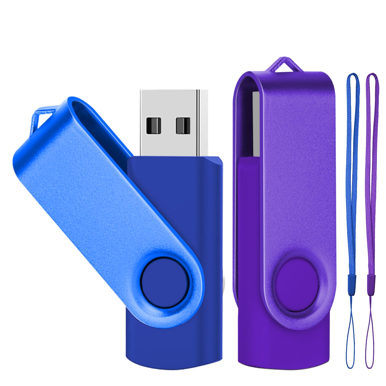 Lot de 2 Clé USB Pivotantes 64Go USB 2.0 Flash Drive Stockage Rotation Disque Mémoire Stick USB U Disque avec Lumière LED, 2 Cordes, Bleu/Violet