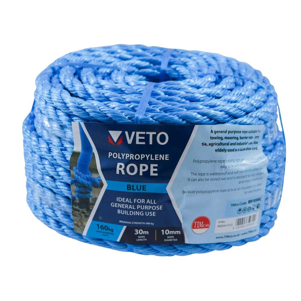 Timco Blue Polypropylene Rope – General Purpose – Great For Towing, Mooring, Strapping, Cable Draw Cord And As A Washing Line - Winder – 10Mm X 30M