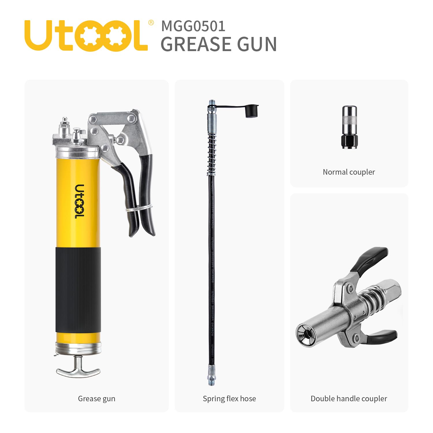 UTOOL Pistolet do smarowania, zestaw smarownic 8000 PSI Heavy Duty z uchwytem pistoletowym z obciążeniem 400 ml, zawiera opatentowany łącznik z podwójnym uchwytem, plus wąż sprężynowy 18 cali,