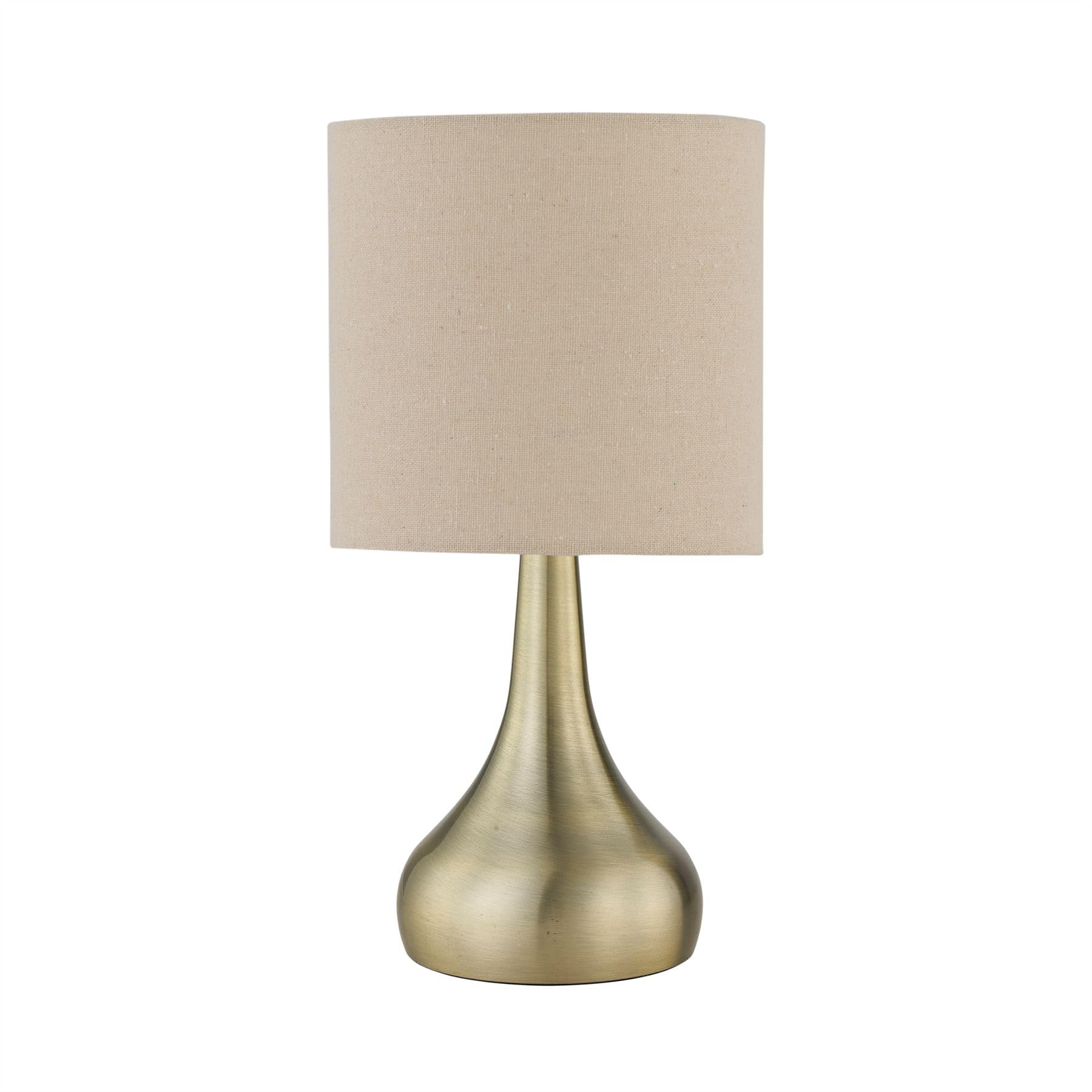 firstchoicelighting Antique Brass Touch Operated Table Lamp or Bedside Light, Modern Design, Natural Linen Shade, Height 36cm, LED Compatible