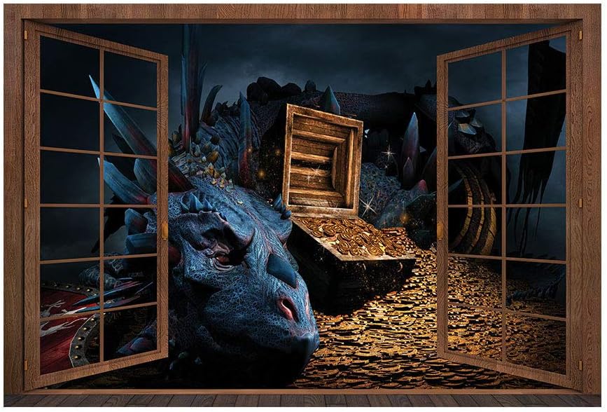 DNVEN Happy Halloween 3D Fake Wood Window High Definition Treasure Hunt False Faux Window Frame Window Mural Vinyl Bedroom Living Room Playroom Wall Decals Stickers 28 inches x 20 inches