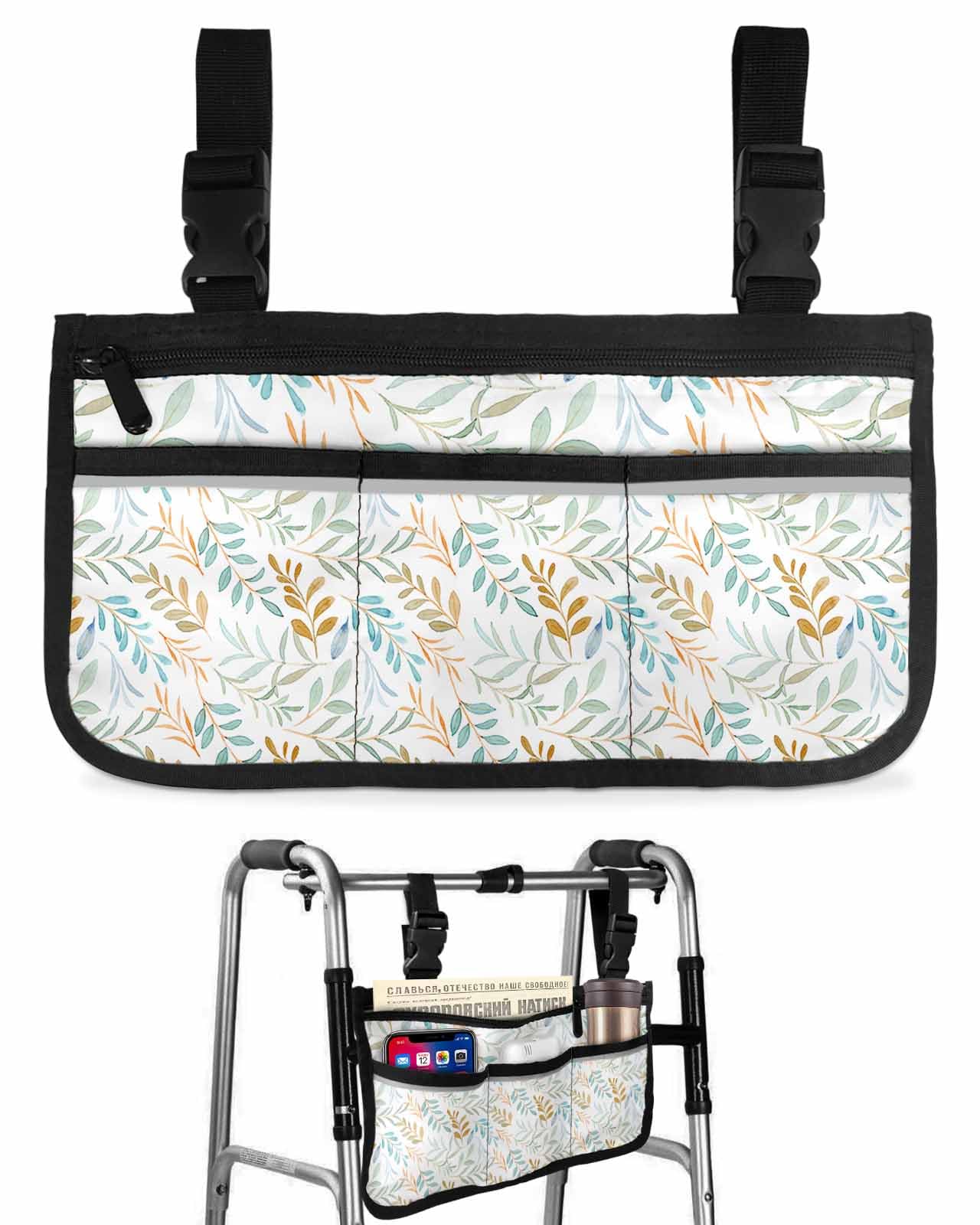 Anzona Brown Blue Green Leaves Wheelchair Side Bag Walker Bag, Farmhouse Watercolor Botanical Wheelchair Accessories Armrest Pouch, Organizer Storage Bag for Walkers, Rollators, Scooters, 7.3''x13''