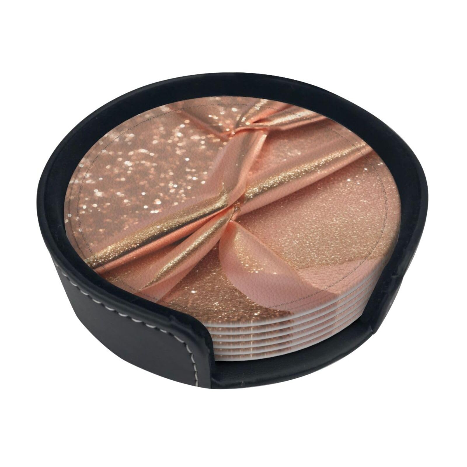 Rose Gold Glitter Print Round Coasters Set Of 6,Coaster For Tabletop Protection Home Bar Decor