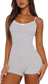 LacozyWomen Onesie Pajamas One Piece Shorts Romper Sexy U Neck Sleeveless Lace Lingerie Bodysuit Nightwear