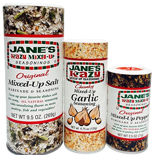 Jane's Krazy Mixed-Up Seasonings Super Bundle- 3 Items - Salt / Pepper / Garlic