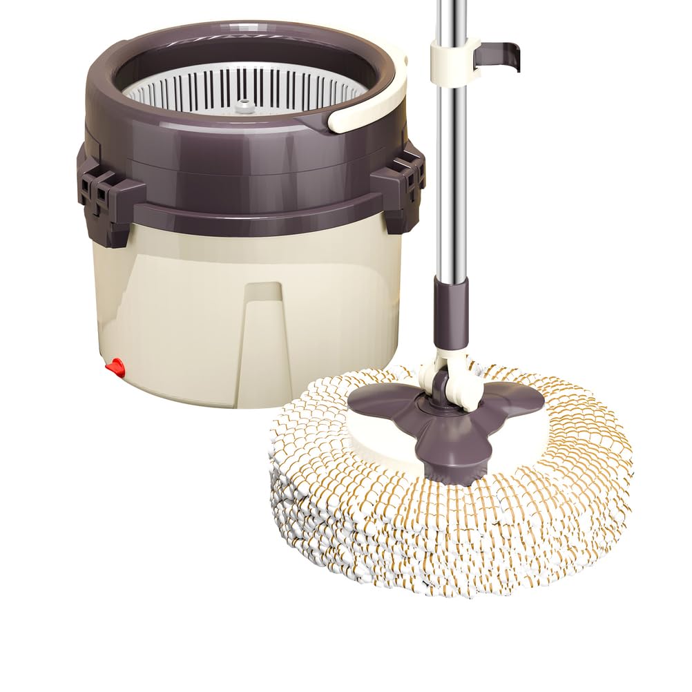 Sistema de Cubo y fregona Giratorio de 360° - Secado rápido, 2 Almohadillas de Microfibra, Mango Ajustable - Fregona y Cubo para Suelos domésticos y comerciales, marrón, B