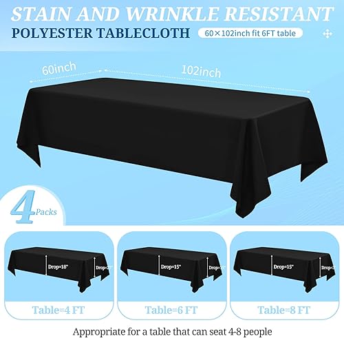 Miniatura 2 de Paquete de 4 manteles negros para mesas rectangulares de 6 pies de 60 x 102 pulgadas, mantel de poliéster, resistente a las manchas y a las arrugas,