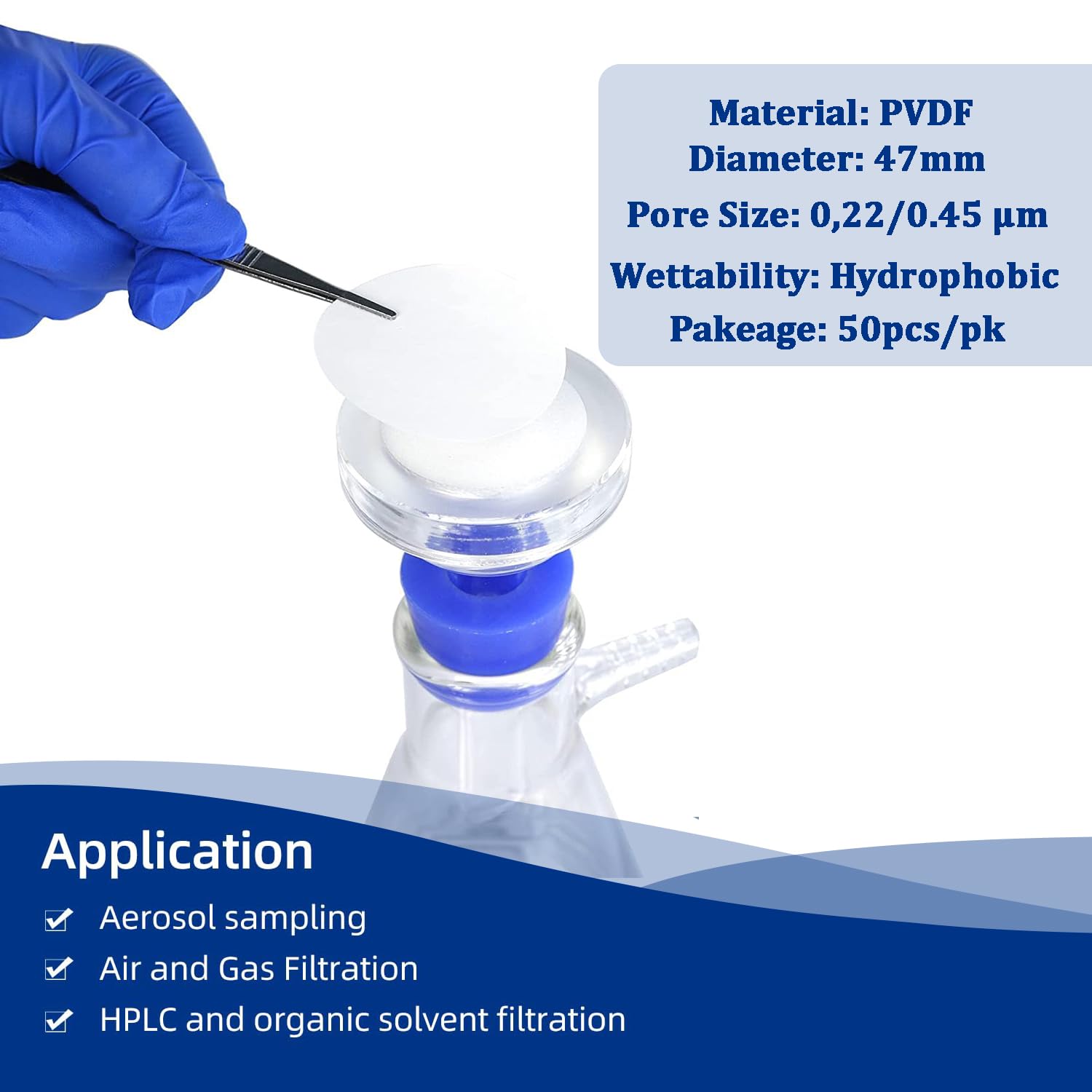 PVDF-Membranfilter Scheibenmembranfilter hydrophob, Durchmesser 47 mm, Porengröße 0,45 µm, Packung mit 50 Stück