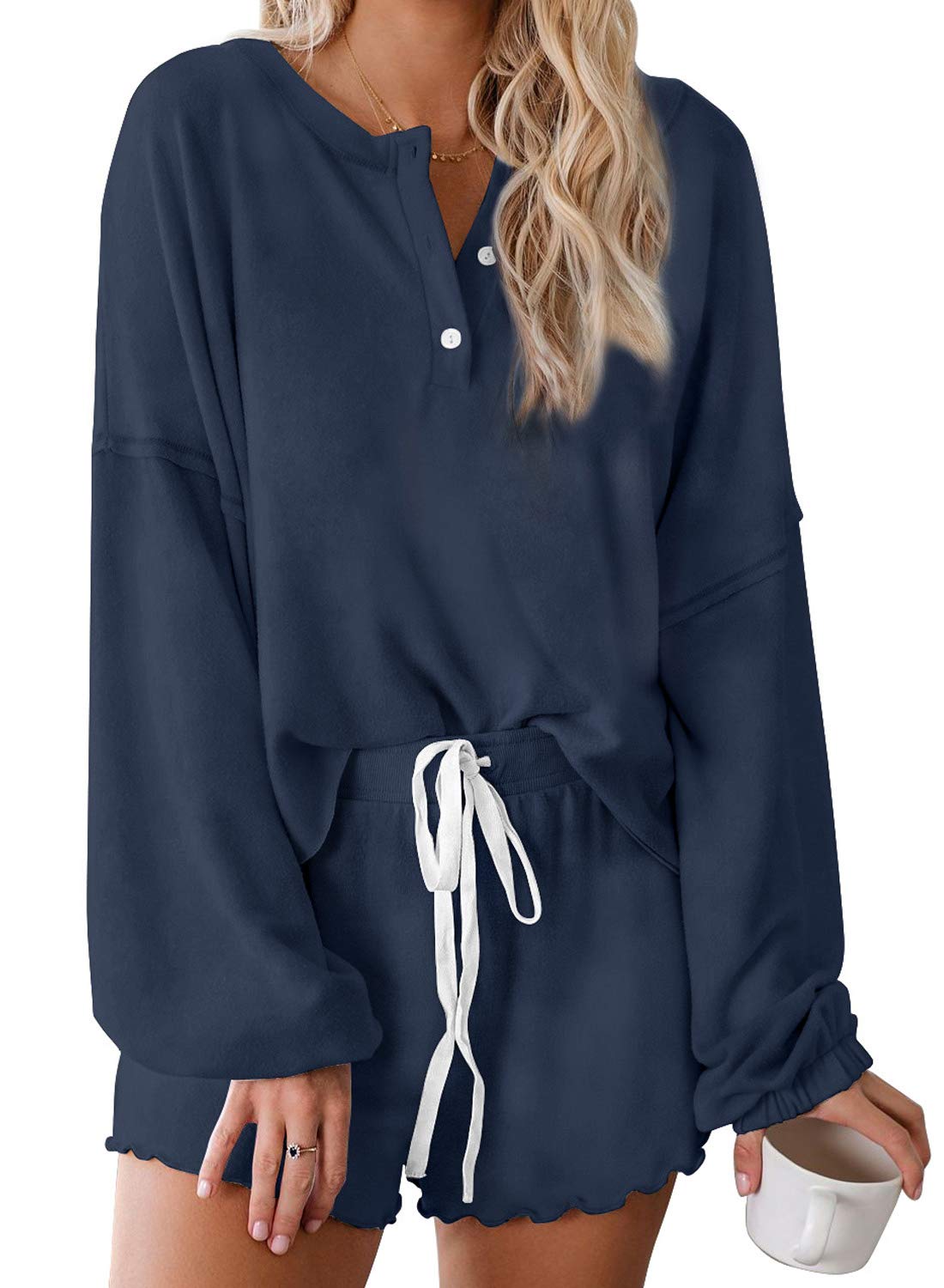 T1FE 1SFE Two Piece Outfits for Women Lounge Set Button Down Tops and Shorts Sweatsuit Sets with Pockets