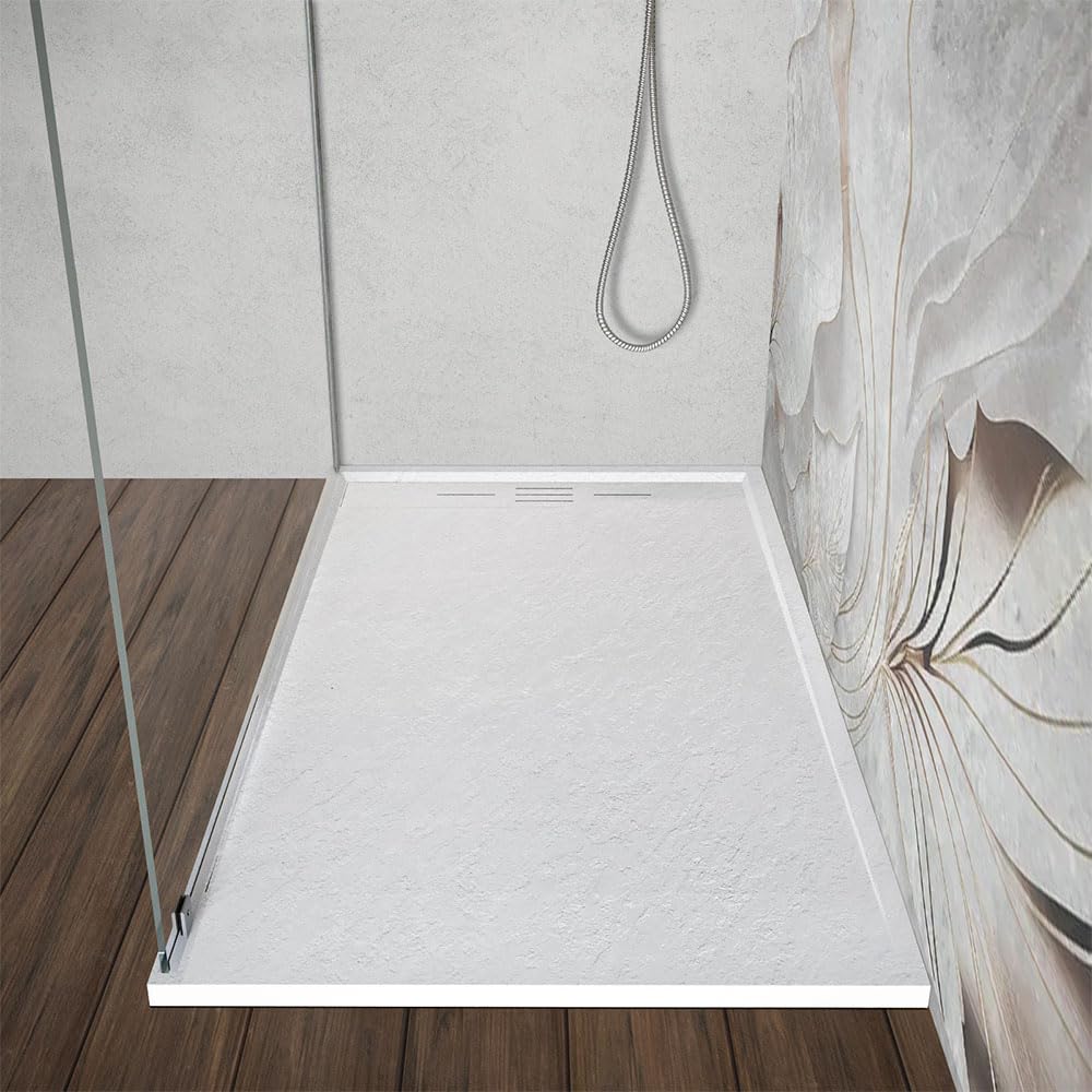 Piatto doccia 70x140 cm bianco effetto pietra in resina, spessore 3 cm e scarico con canalina, riducibile su misura ARGO