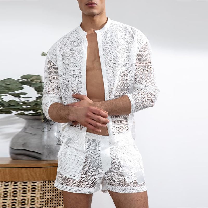 BaronHong Mens Sexy Top Shorts Suit Set Long Sleeve Lace Shirt Set Shorts Pants Hollow Outfit for Wedding Night2