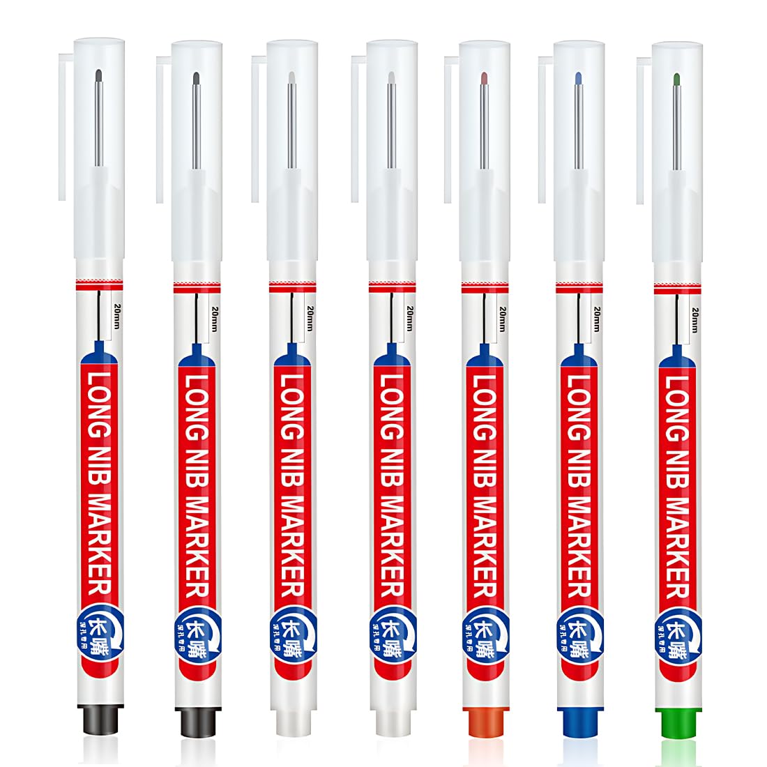 HSIXHAF 7 pcs Marcador Agujeros Profundos,Rotulador Carpintero,Marcador Permanentes Punta Larga 30 mm, Rotuladores Metalicos para Marcar Lugares Difícil Acceso(2negro 2blanco 1rojo 1azul 1verde)