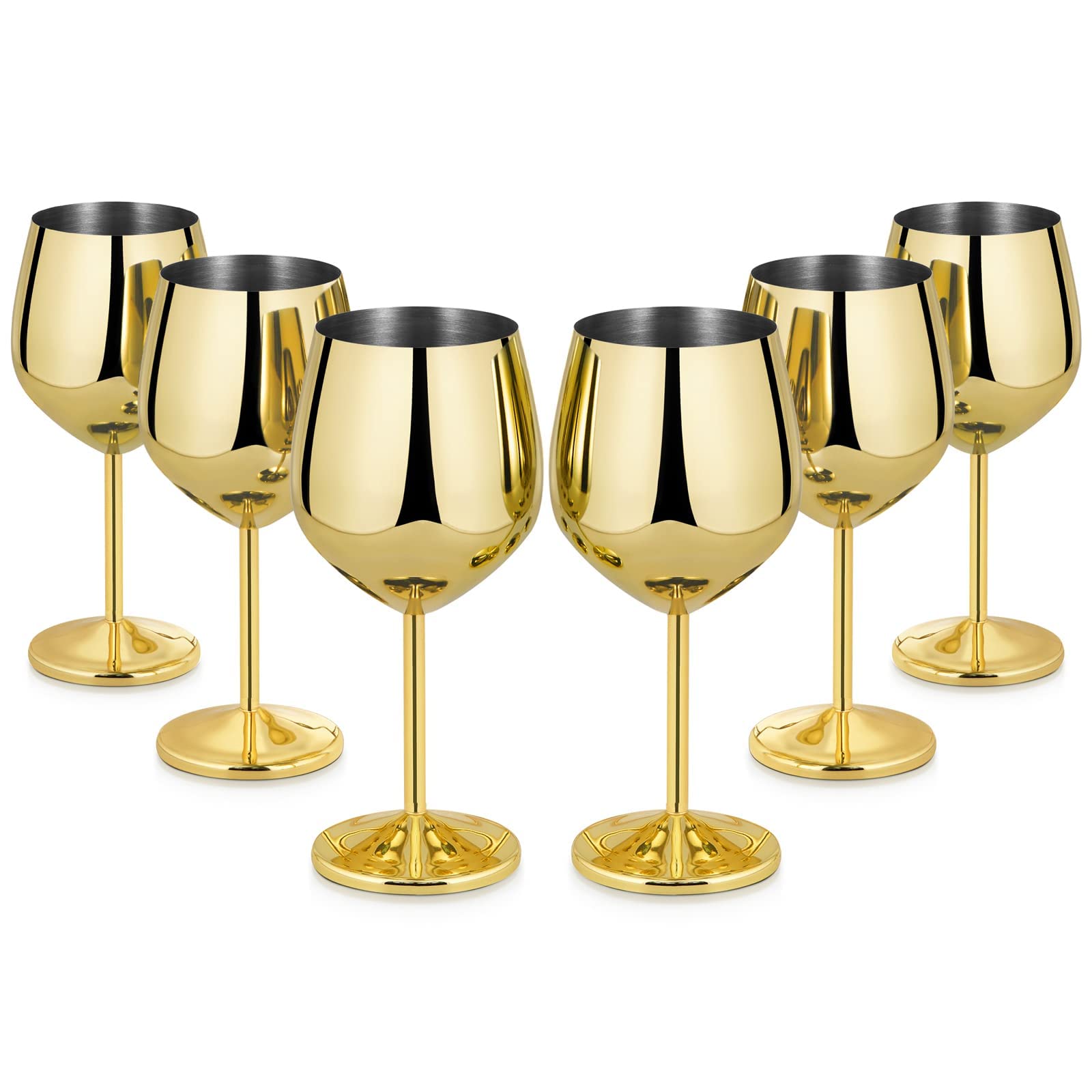 LifecapidoStainless Steel Wine Glasses Set of 6, 18oz Stainless Steel Wine Goblets, Stemmed Metal Wine Glasses with Cup Brush for Party Office Wedding Anniversary, Great for Red White Wine (Gold)