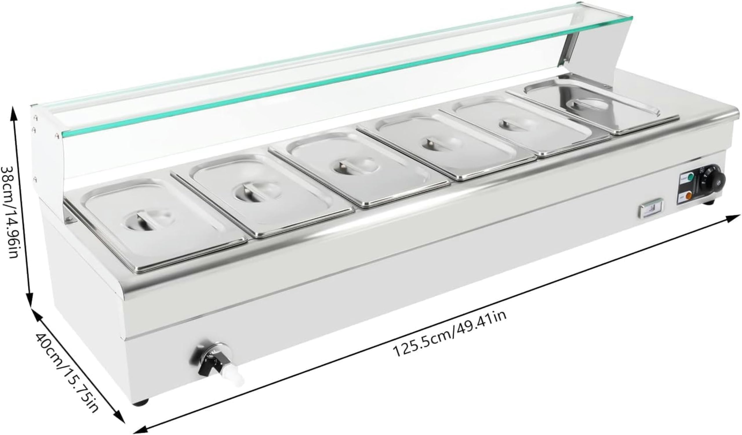Calentador de alimentos, 6 sartenes 1/3 GN, mesa de vapor eléctrica comercial de acero inoxidable, 1200 W, 19 cuartos de galón con protector de vidrio templado