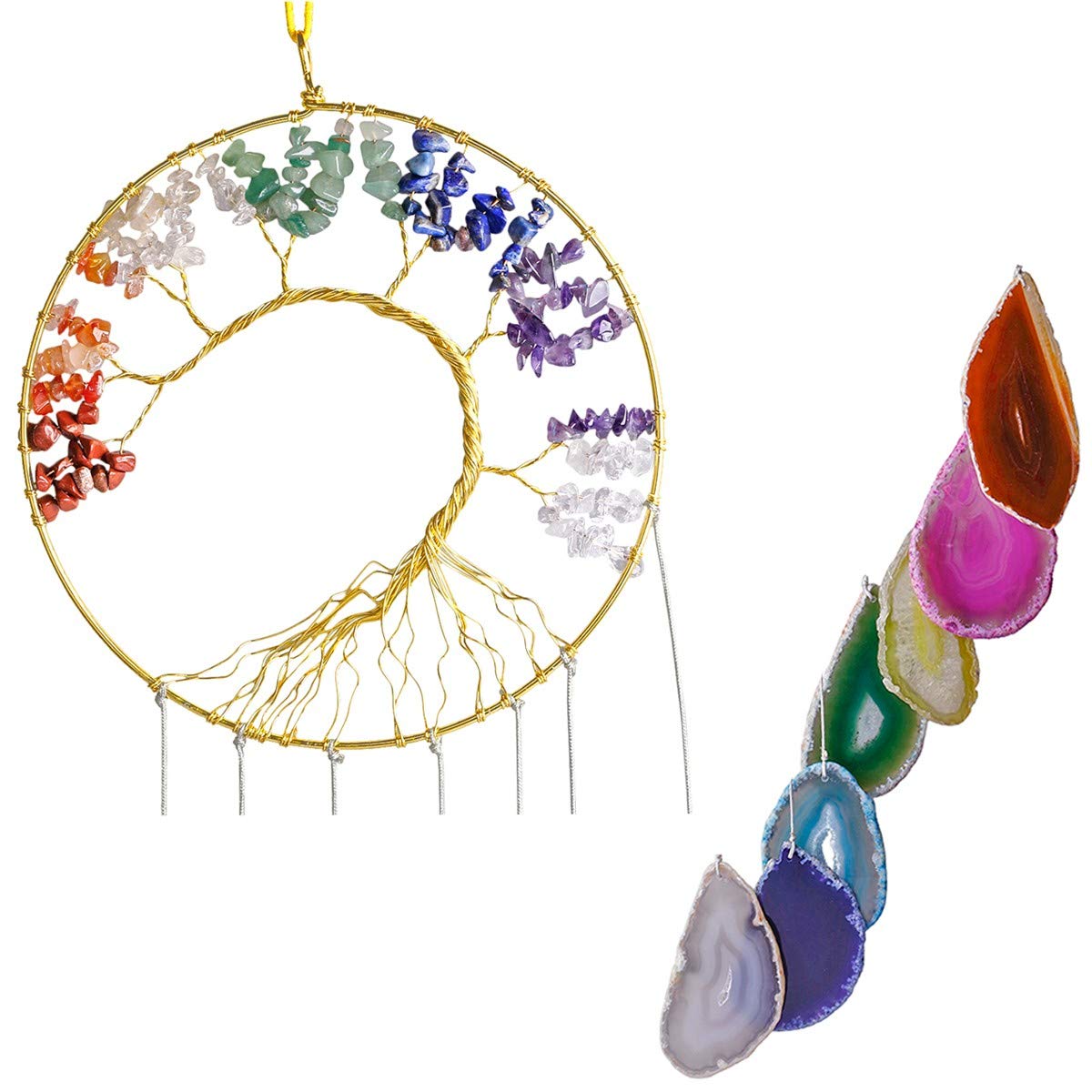 mookaitedecor Chakra Cailloux Pierre Arbre de Vie Decoration Suspension Fait Main avec Décoratifs Tranches Agate Cristal à Suspendre