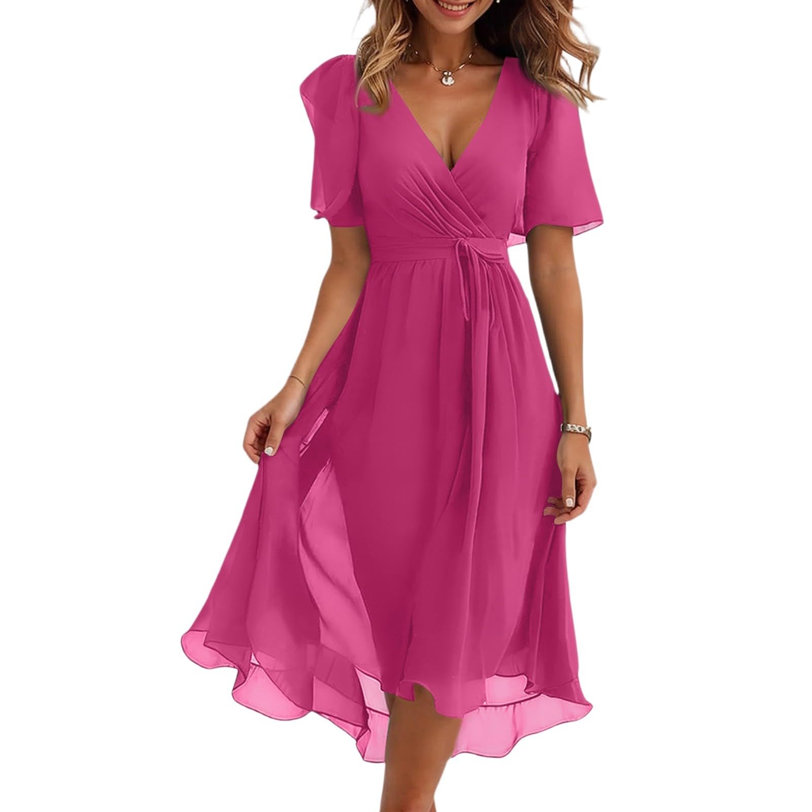 Dresses for Women 2026 Elegant Classy Boho Floral V Neck Belted Summer Sundress Wedding Guest Prom Cocktail Midi Dress