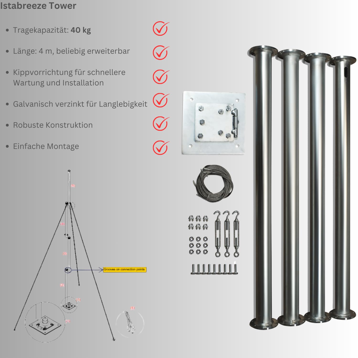 Windturbine Tower Zubehör und Klappmast für 15-40 KG Tragekapazität (4 Meter Klappmast bis 40 KG)