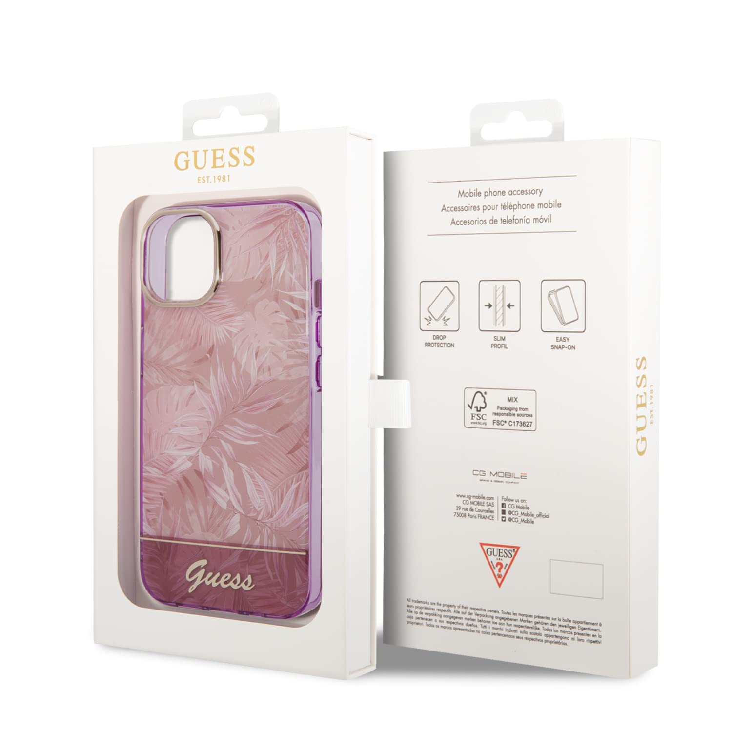 Guess - Funda para iPhone 14 Plus en Hojas Rosadas IML, PC/TPU, Funda rígida cómoda y Duradera con Puertos accesibles, absorción de Golpes y Logotipo de la Firma