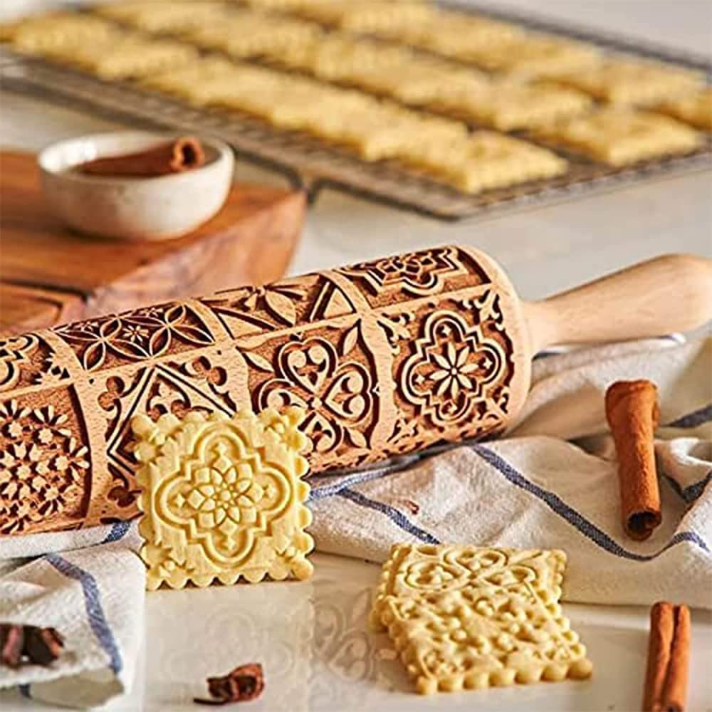 Rodillo de Madera para Hornear Repujado, Rodillo de Sello de Galletas, Cuadrado, Molde de Galletas, Herramientas de decoración de Cocina (2 Piezas)