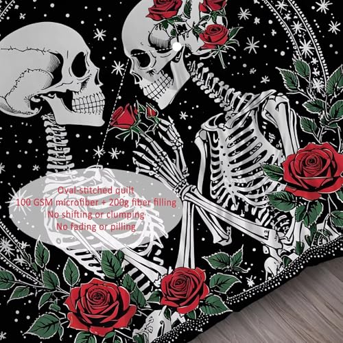 Image of Skull Roses Comforter Set Twin Size Gothic Bedding Set for Kids Adults Women, Skeleton Bones Vintage Flower Rose Quilt Bedroom Decor 1 Comforter 1 Pillowcase