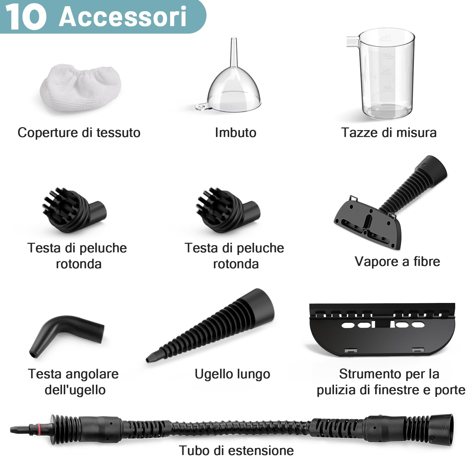 Pulitore a Vapore Manuale 1050W – Multifunzione con Set da 10 Accessori – Pulizia Senza Chimica per Fughe delle Piastrelle, Fornelli, Finestre, Vasca da Bagno, Box Doccia, Stracci e raccogli polvere