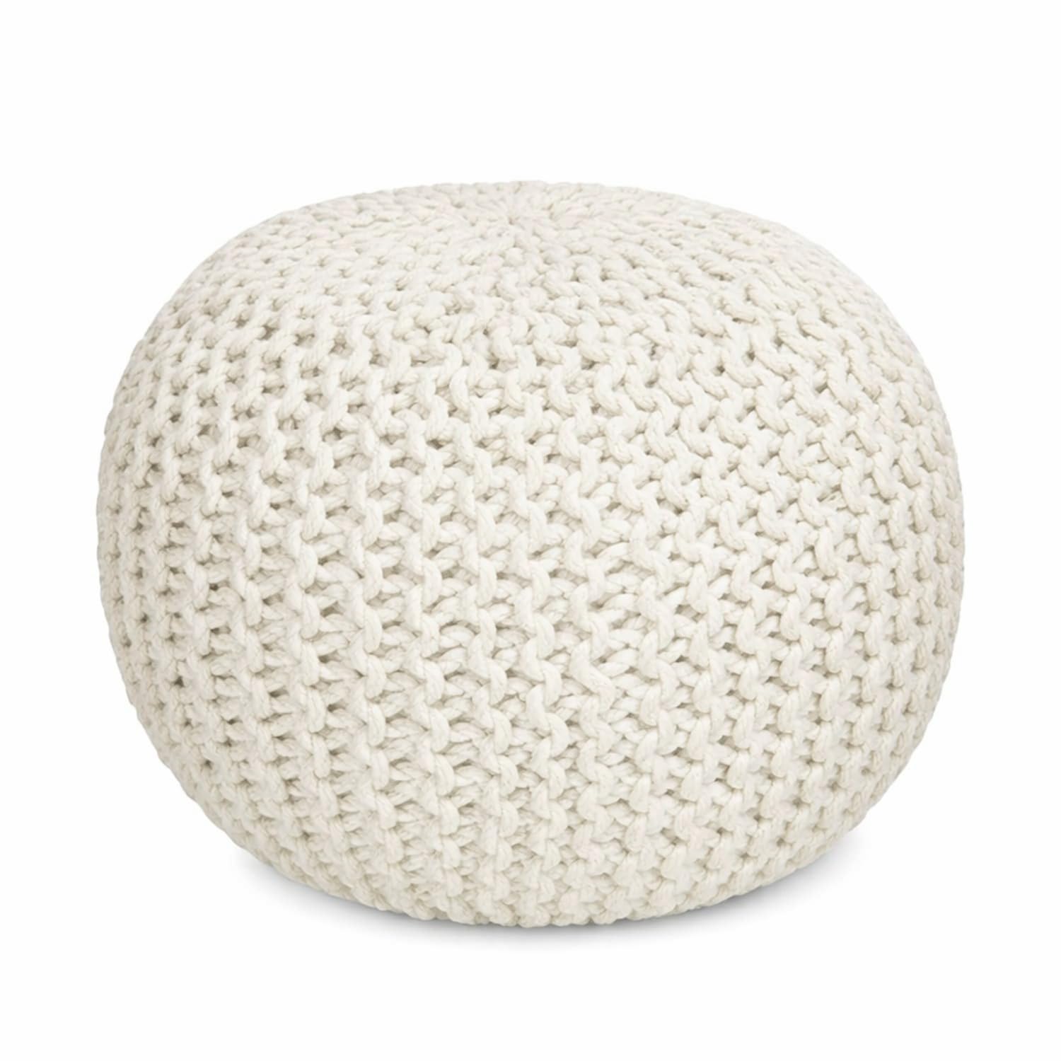 Crescent Textile Handmade Round Chunky Knitted Pouffe Footstool – Large 50x50x35cm Ottoman Pouffe in 100% Cotton Soft & Comfortable for Living Room, Footrest and Occasional Seating (Natural)
