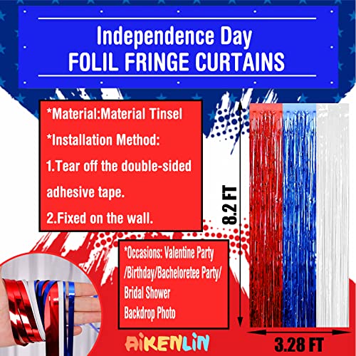 Image of 4 Pack 3.2Ft x 8.2Ft Independence Day Foil Fringe Curtain Backdrop, Red Blue White Metallic Tinsel Foil Fringe Streamers Curtains Background for Photo Booth, Birthday, Wedding, Party Decoration