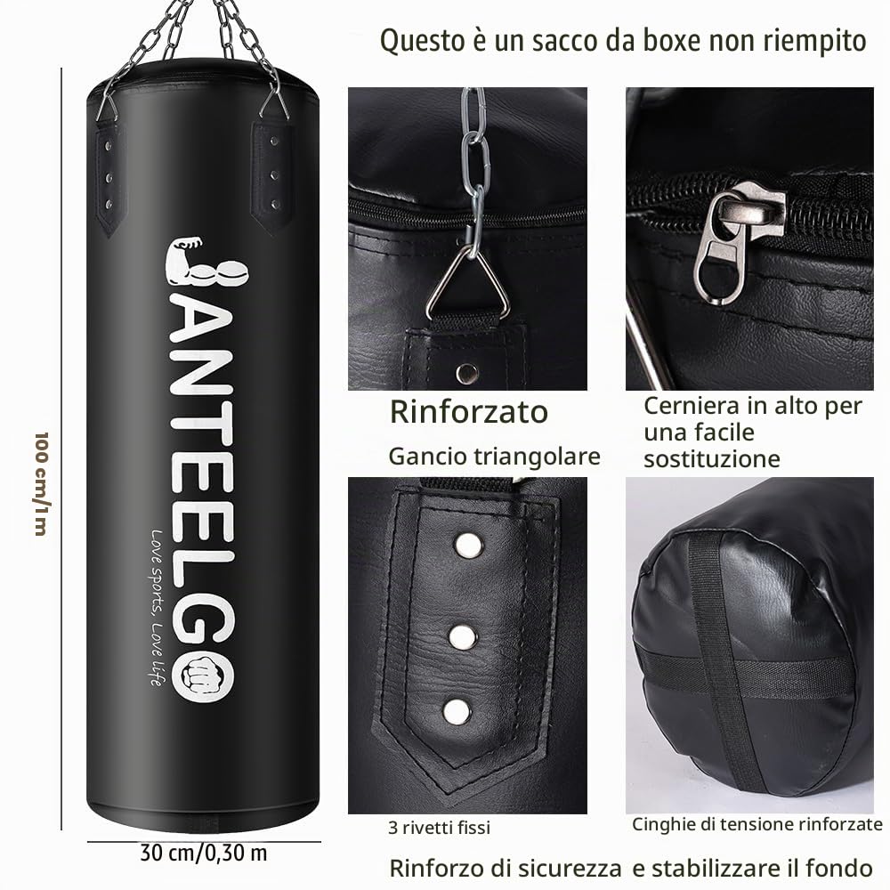 Sacco da boxe sospeso e sacco boxe Non Riempito JanTeelGO 100 cm materiale PU con catena di montaggio e gancio a soffitto per uomo donna adolescente adulti bambino MMA Kickboxing Muay Thai Karate