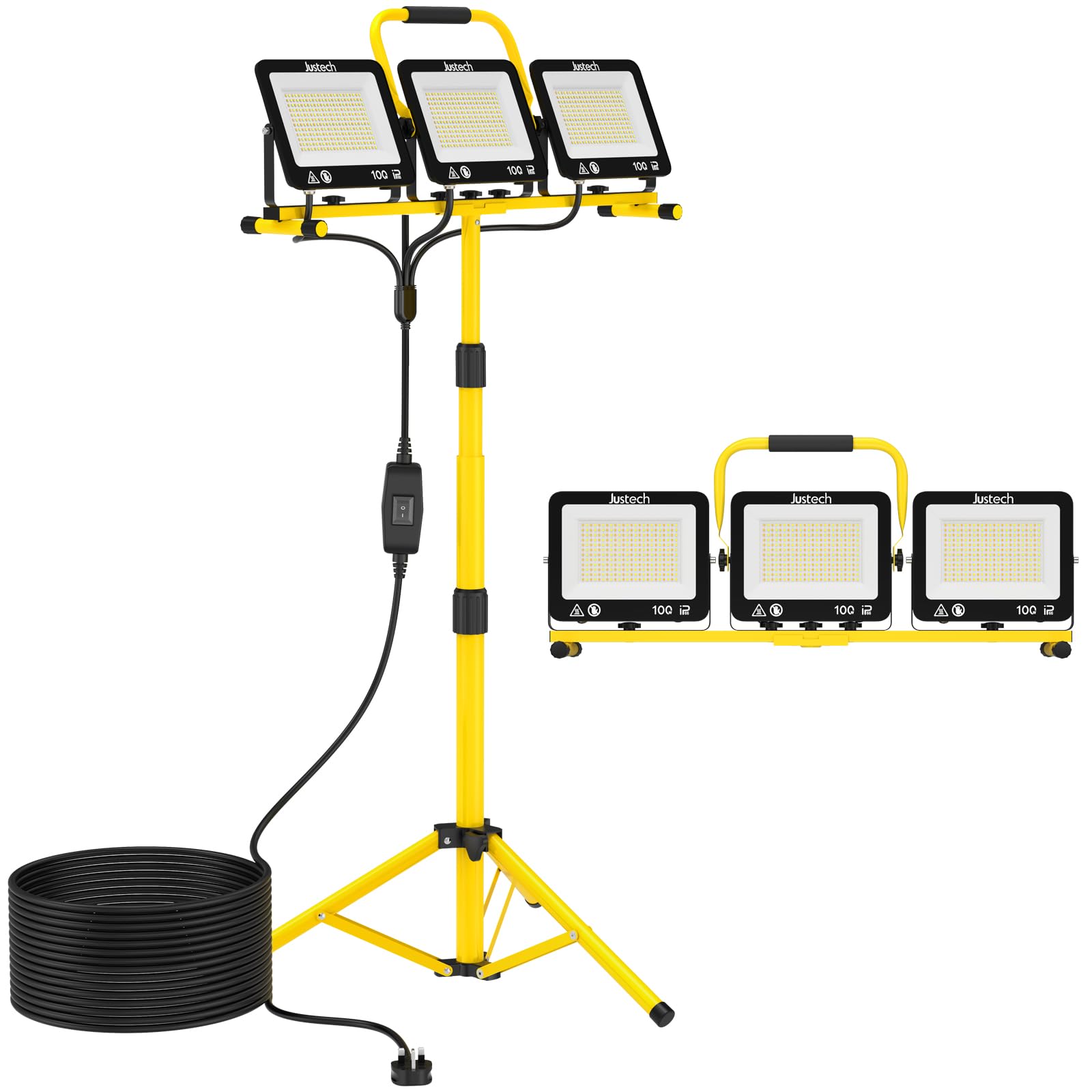 Justech 28500Lumen LED Work Lights with Stand, Adjustable Tripod 3 Head Work Light,3000K/5000K/6500K 3 Color Temperature, IP67 Lights with 5 Meter/16.4FT Cord for Job Site Workshop Garage Construction
