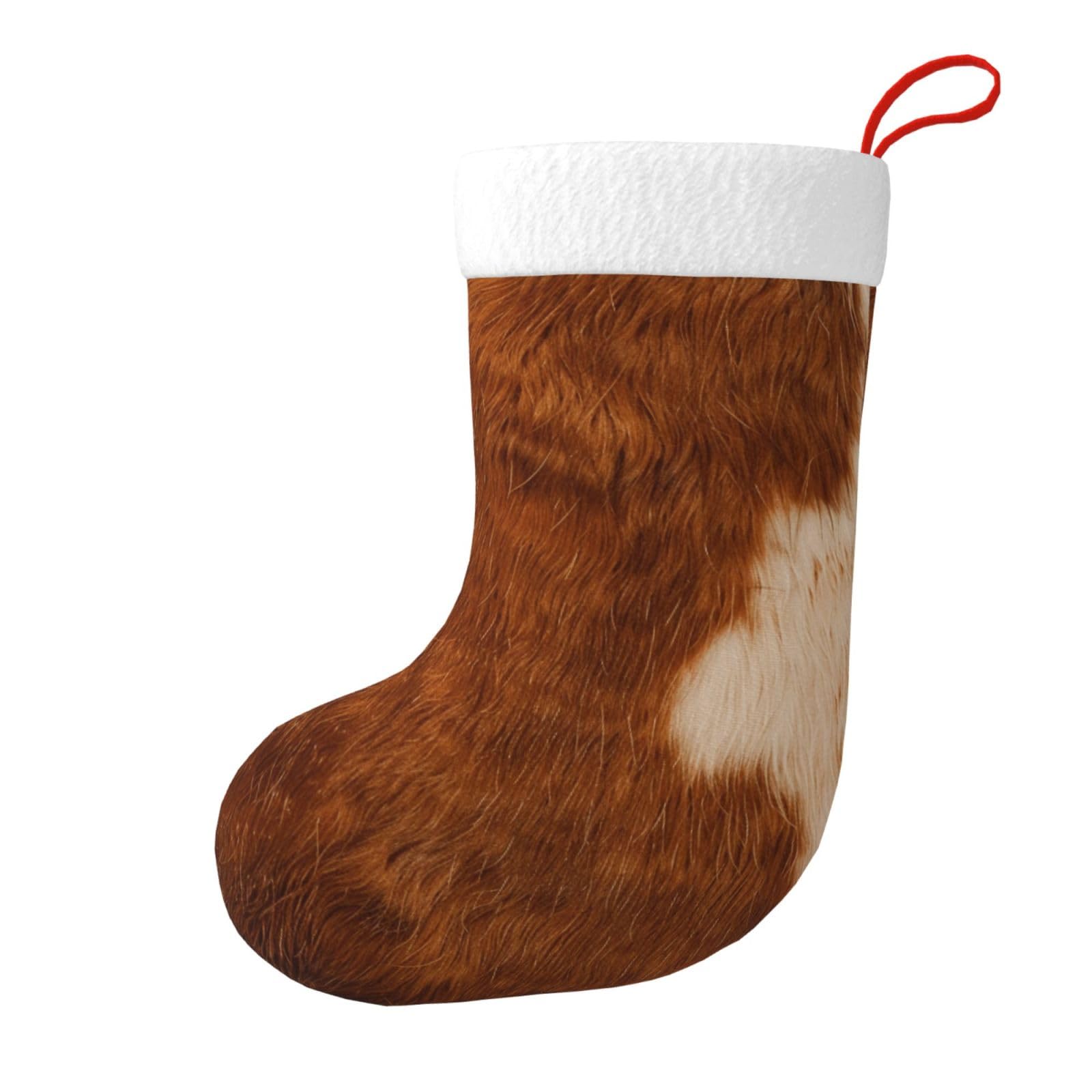 red Brown Cowhide Print Christmas Stocking, 28x45cm Holiday Hanging Stockings for Fireplace, Tree Decorations, Gift Giving, and Party Festive Decor