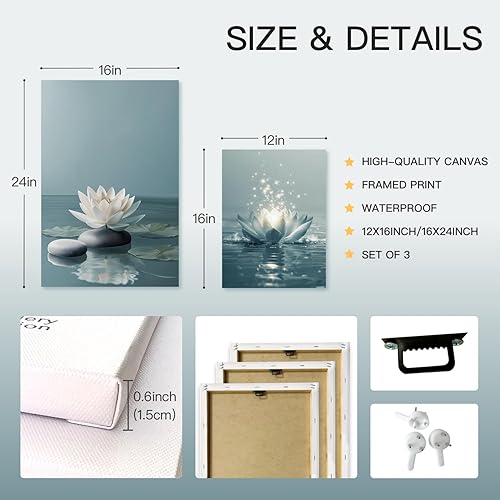 Miniatura 6 de GELDSTEI Lienzo botánico zen tranquilo para pared, diseño de loto blanco que florece en piedras en el agua, imágenes estéticas de yoga, spa,