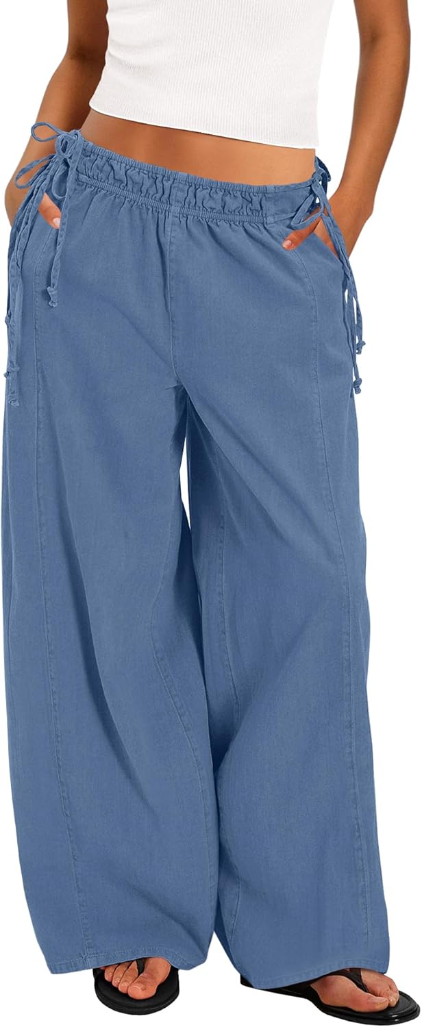 ReachMe Womens Baggy Wide Leg Palazzo Pants High Waisted Flowy Pants Straight Leg Elastic Waist Beach Pant - Image 2