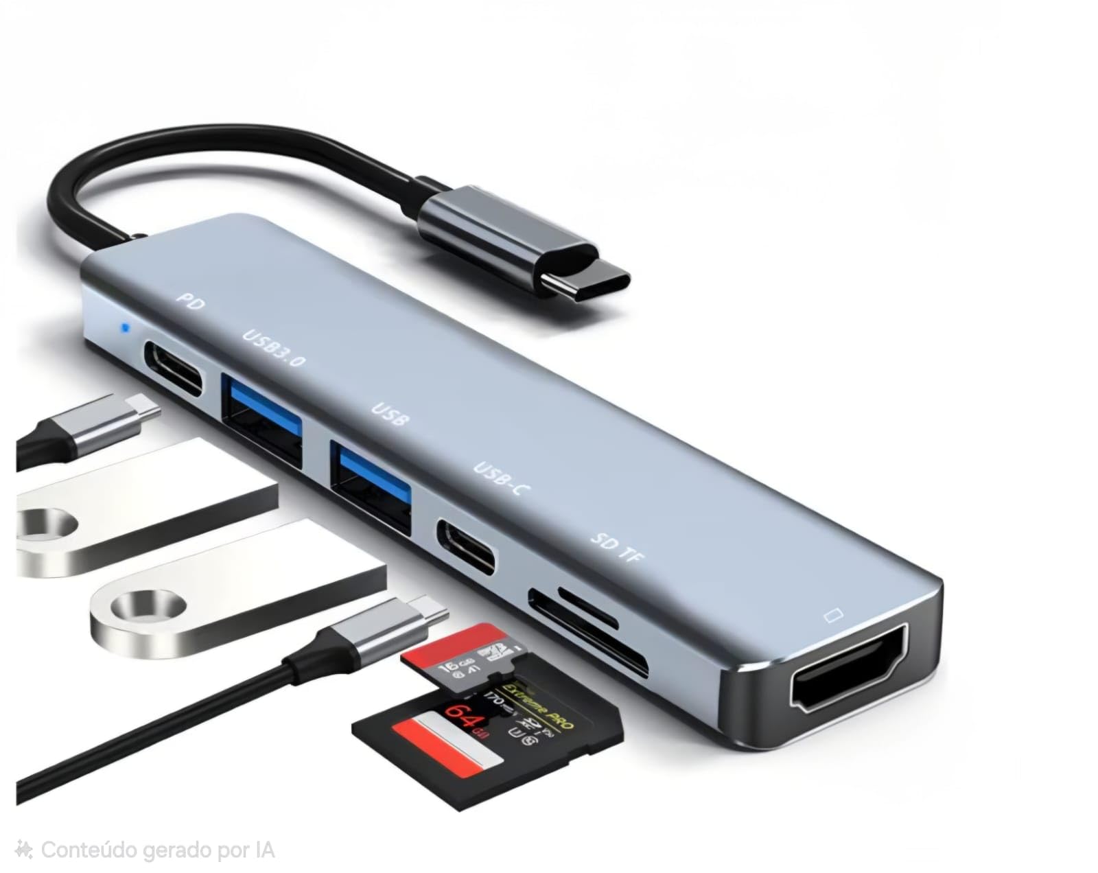 Adaptador Hub USB-C 7 em 1 com HDMI 4K 60Hz com USB 3.0 5Gbps, Leitor de Cartão SD/TF,