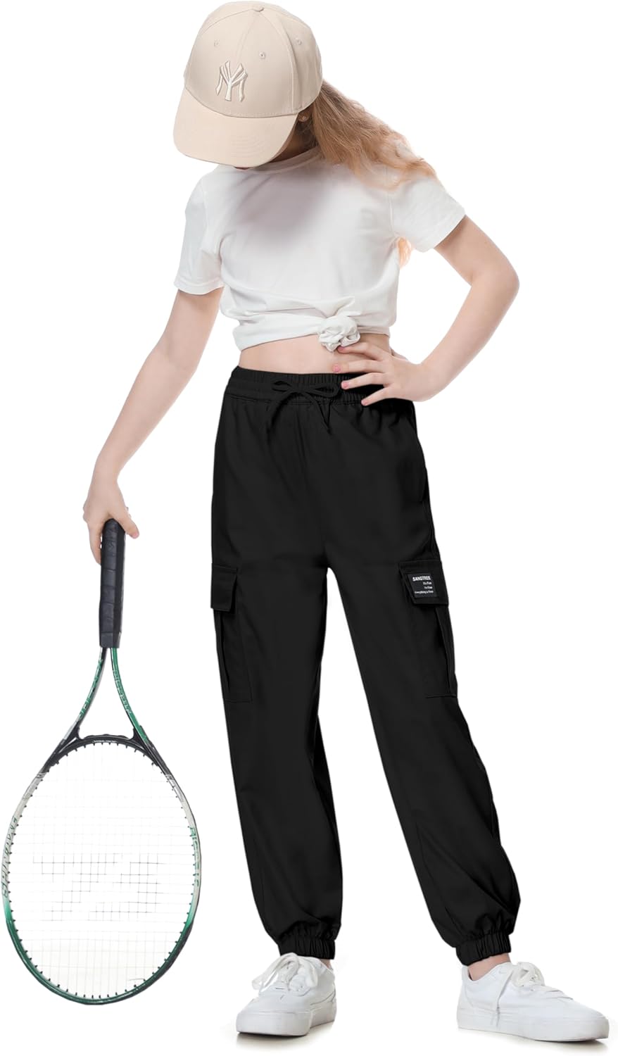 SANGTREE Girl's&Women's 2 Packs Cargo Pants Elastic Waist Drawstring Tapered Multi Pockets Cargo Jogger Pants