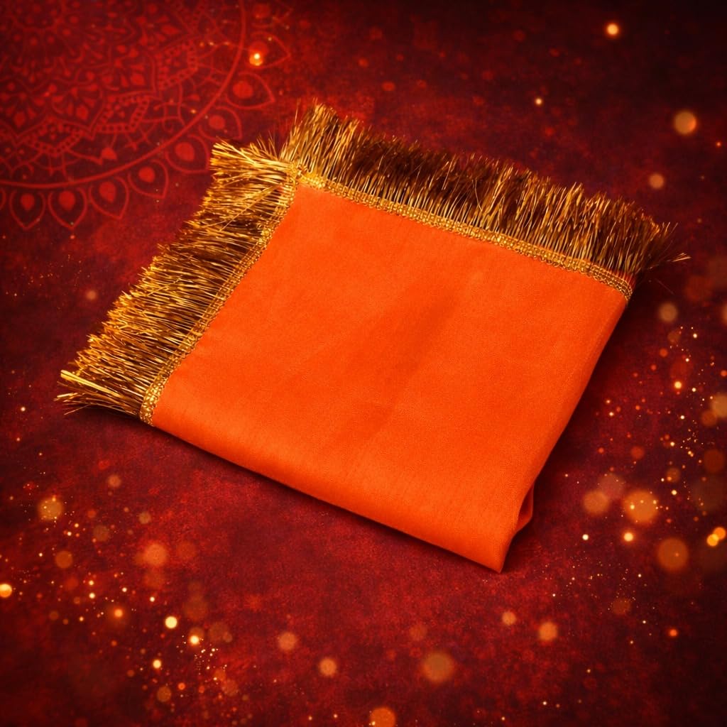 SEER Pooja Cloth for Mandir | Pooja Aasan Cloth for Mandir | Chowki Mat for Puja Table & Home Temple | Decorative Yellow & Orange Puja Kapda (1 Meter)-image-8