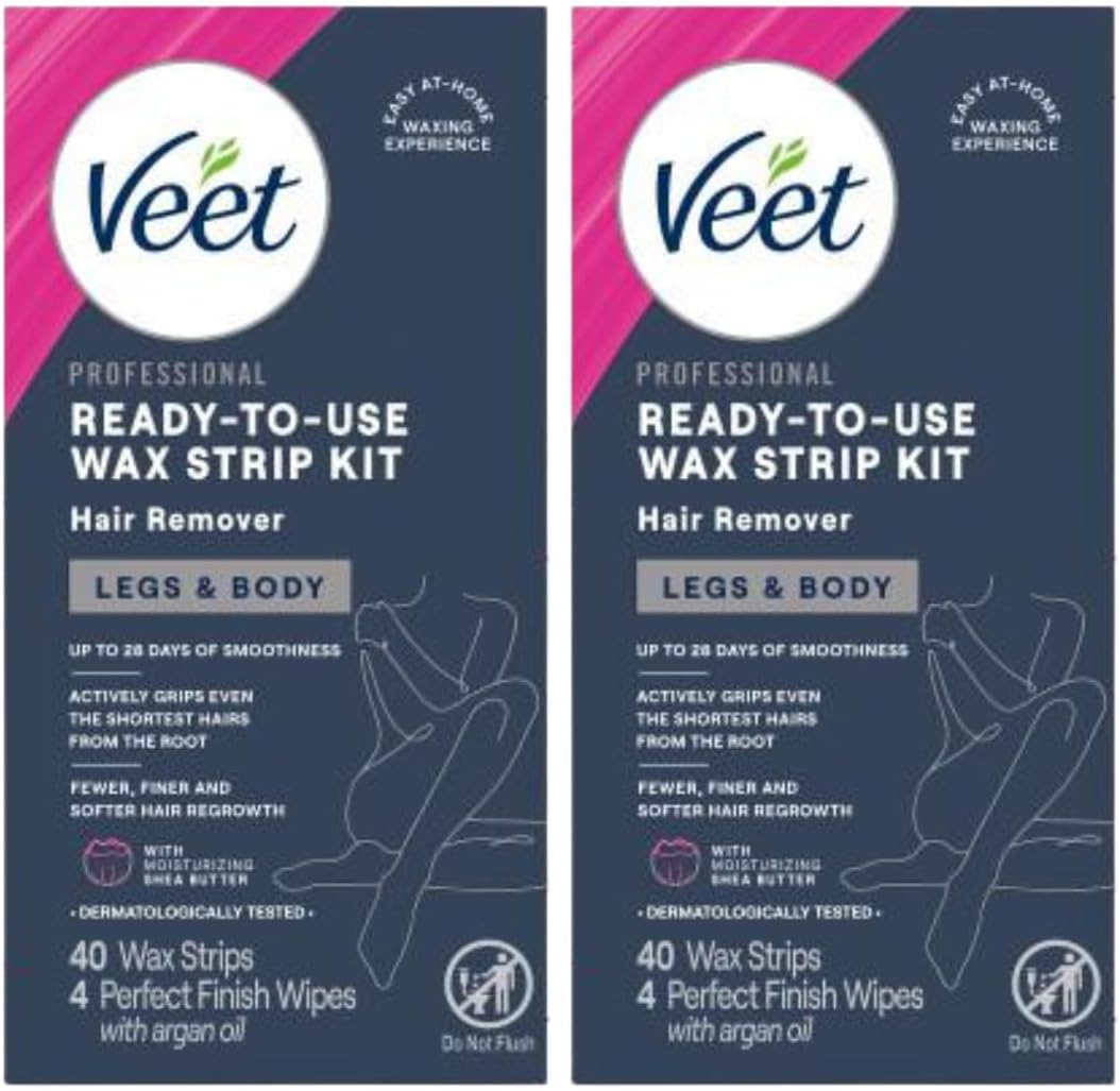 Leg & Body Hair Removal Kit- Sensitive Formula, Ready-to-use Cold Wax Strips, Shea Butter & Acai Fragrance, 40 Count (Pack of 2)